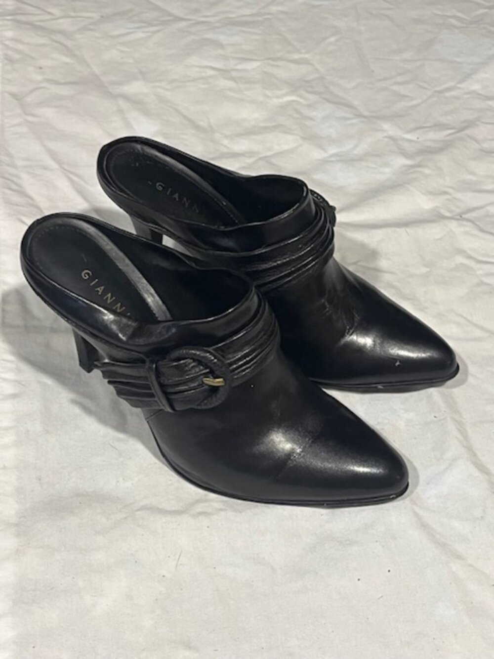 VTG Pair Black Gianni Bini Leather Pointed-Toe Mule 4" Heels Buckle Business 7M